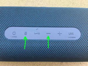 Picture of the -Pairing- and -Volume DOWN- buttons on the Sony SRS XB43 Bluetooth speaker.