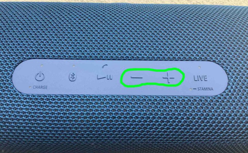 The -Volume- buttons on the Sony SRS XB43 Bluetooth speaker.