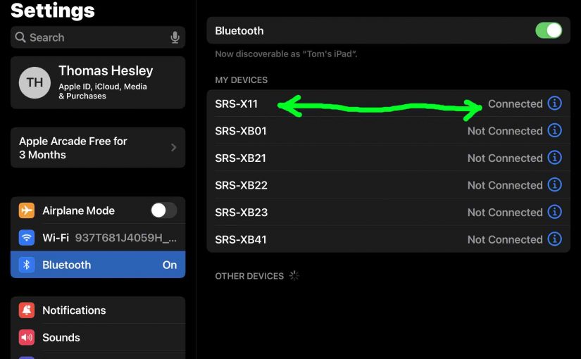 Screenshot of the iPadOS -Bluetooth Settings- page, showing the Sony SRS X11 speaker as Connected.