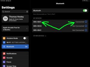 Screenshot of the iPadOS -Bluetooth Settings- page, showing the Sony XB01 as Connected.