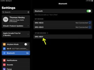 Screenshot of the iPadOS -Bluetooth Settings- page showing a Sony XB01 as Discovered but not Connected.