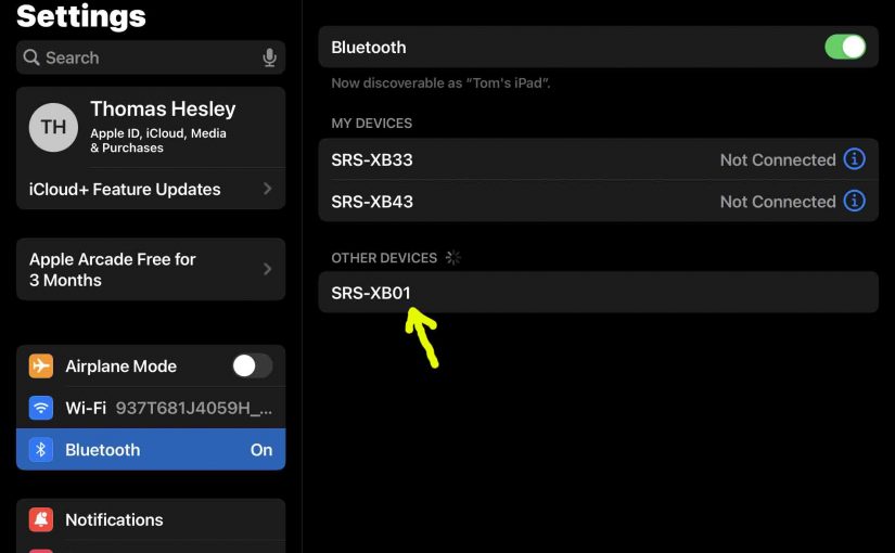 Screenshot of the iPadOS -Bluetooth Settings- page showing a Sony SRS XB01 speaker as Discovered but not Connected.