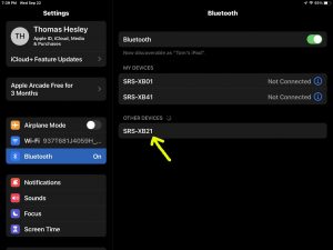 Screenshot of the The iPadOS -Bluetooth Settings- page, showing SRS XB21 as Discovered but not Connected.