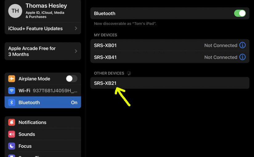 Screenshot of the The iPadOS -Bluetooth Settings- page, showing Sony SRS XB21 speaker as Discovered but not Connected.
