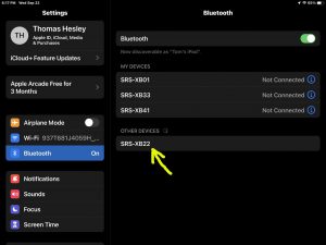 Screenshot of the iPadOS -Bluetooth Settings- Page, Showing the Sony SRS XB22 as Discovered but not Connected,