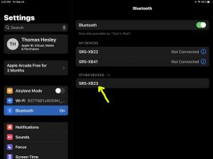 Screenshot of the iPadOS -Bluetooth Settings- page, showing the SRS XB23 as Discovered, but not Connected.