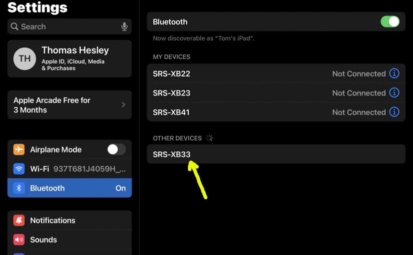 Screenshot of the iPadOS -Bluetooth Settings- page, showing the Sony SRS XB33 speaker as Discovered but not Connected.