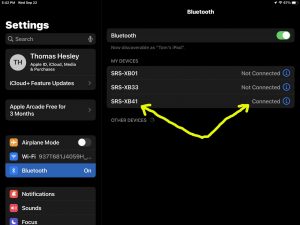 Screenshot of the iPadOS -Bluetooth Settings- page, showing the Sony XB41 as Connected.