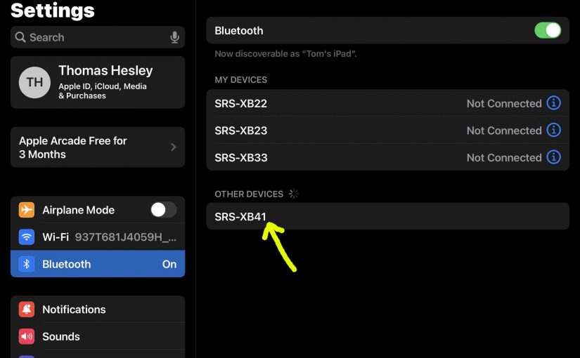 Screenshot of the iPadOS -Bluetooth Settings- page, showing the Sony SRS XB41 as Discovered but not Connected.