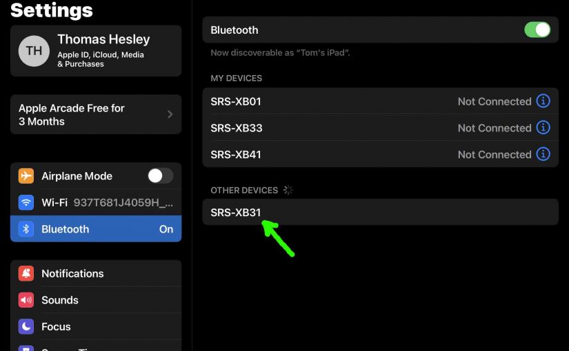 Screenshot of the iPadOS Bluetooth Settings page, showing the Sony SRS XB31 speaker as Discovered.