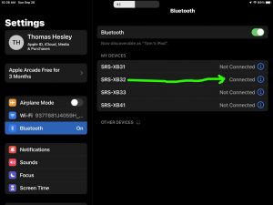 Screenshot of the iPadOS Bluetooth Settings page, showing the Sony SRS XB32 as Connected.