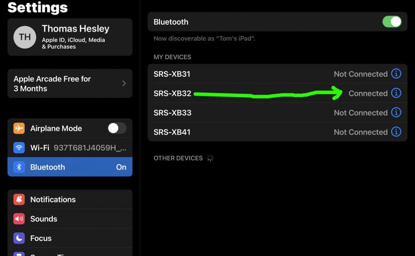 Screenshot of the iPadOS Bluetooth Settings page, showing the Sony SRS XB32 speaker as Connected.
