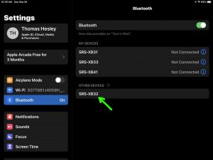 Screenshot of the iPadOS Bluetooth Settings page, showing the Sony Bluetooth Speaker SRS-XB32 speaker as Discovered.