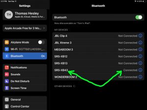 -Bluetooth Settings- page on iPadOS, showing the SRS XB43 as Connected.