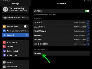 Bluetooth Settings page on iPadOS, showing the Sony SRS XB43 as discovered.