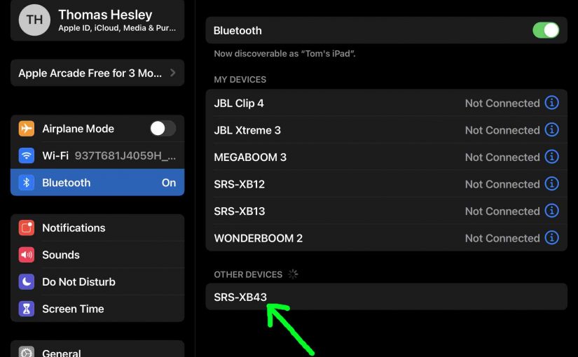 Bluetooth Settings page on iPadOS, showing the Sony SRS XB43 speaker as discovered.