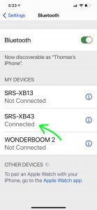 Screenshot of the iPhone -Bluetooth Settings- screen, showing the Sony Bluetooth speaker as Connected.