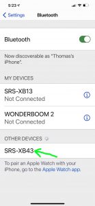 Screenshot of the iPhone -Bluetooth Settings- screen showing a Sony Bluetooth speaker as discovered but not connected