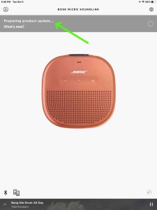 Screenshot of the Bose Connect app preparing update for SoundLink Micro speaker, at 0 percent done.