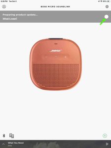 Screenshot of the Bose Connect app, displaying the Preparing Product Update page for SoundLink Micro speaker, at 99 percent done.