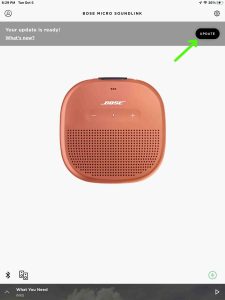 Screenshot of the Bose Connect app displaying the Update Ready page and Update button for the SoundLink Micro speaker.