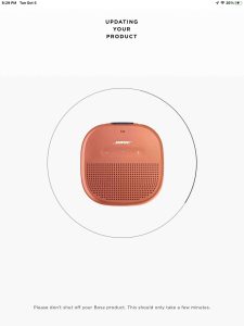 Screenshot of the Bose Connect app, displaying the SoundLink Micro-Updating Your Product page.