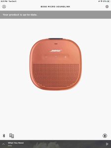 Screenshot of the Bose Connect app, displaying the SoundLink Micro-Your Product is Up to Date page.