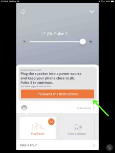 Screenshot of the JBL Connect app, showing the Pulse 3 Plug Speaker In prompt with the I Followed the Instructions button.