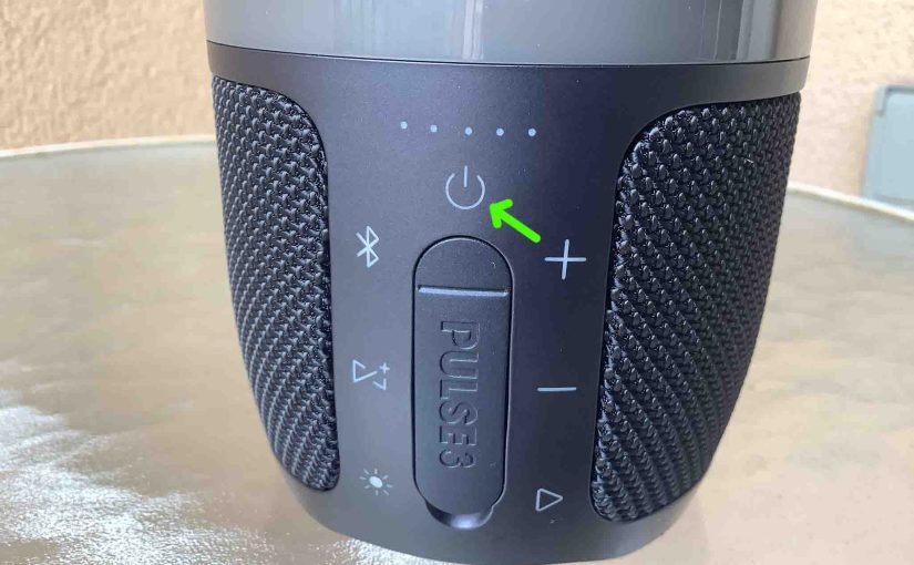 Picture of the Power button on the JBL Pulse 3 speaker.