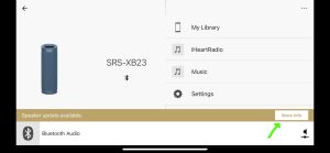 Screenshot of the Sony Music Center app, displaying the SRS XB23 Home page with a speaker update available, showing the More Info button.
