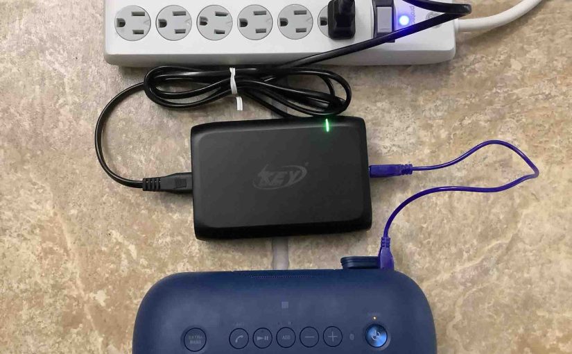 Picture of the Sony SRS XB20 speaker, connected and charging.