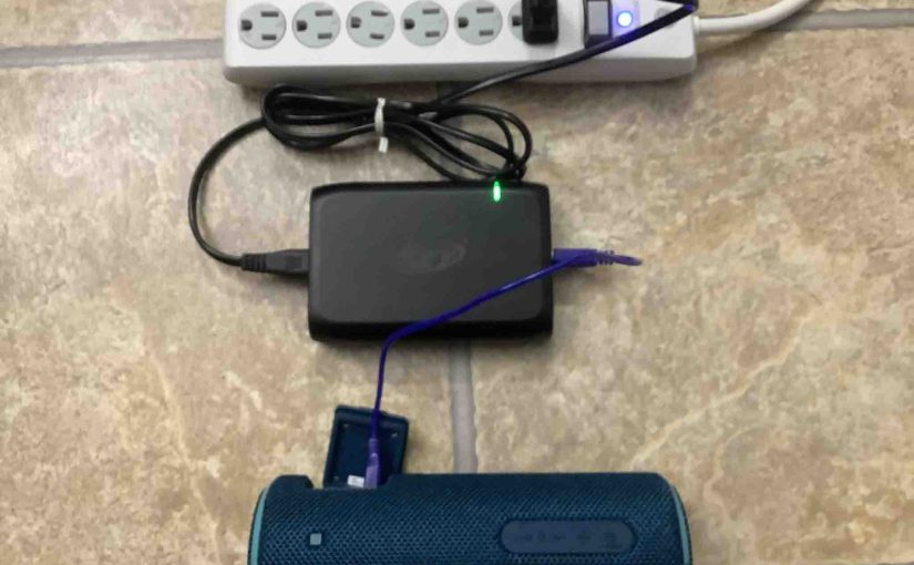 Picture of the Sony SRS XB21 speaker, connected and charging.