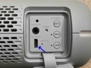 Picture of the micro USB power input port on the speaker. Sony SRS XB22 Charging Instructions.
