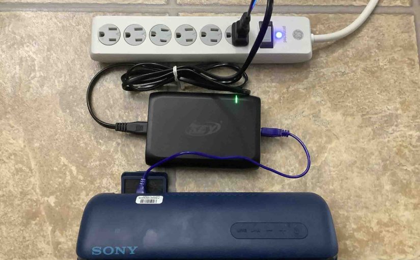 Picture of the Sony SRS XB32 speaker connected and charging.