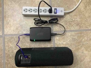 Picture of the speaker charging via the USB port.