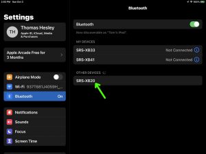 Screenshot of the Bluetooth Settings page on iPadOS, showing the Sony SRS XB20 speaker as Discovered.