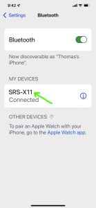 Screenshot of the iPhone Bluetooth Settings page, showing a Sony X11 as Connected.