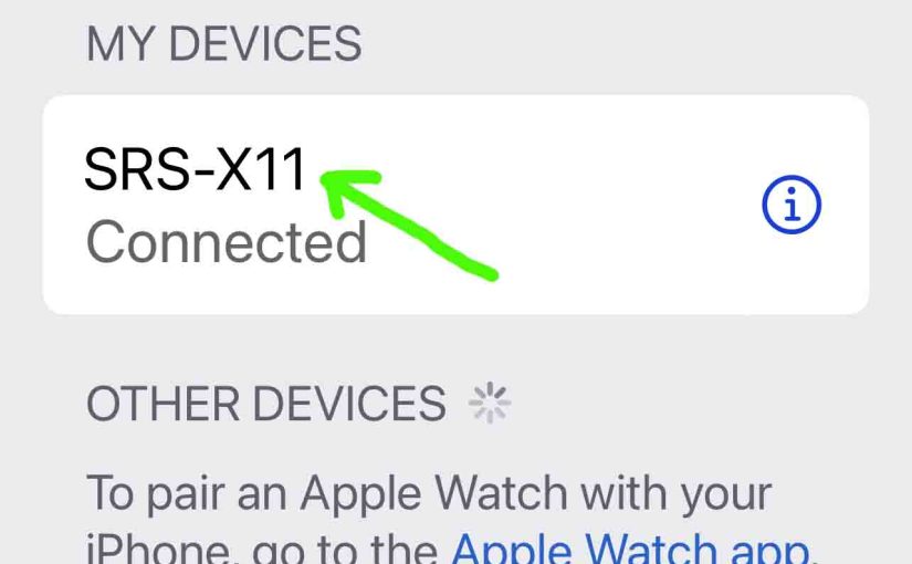 Screenshot of the iPhone Bluetooth Settings page, showing a Sony SRS X11 speaker as Connected.