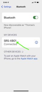 Screenshot of the iPhone Bluetooth Settings page, showing a Sony SRS XB01 speaker as Connected.