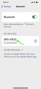 Screenshot of the iPhone Bluetooth Settings page, showing a Sony SRS XB20 speaker as Connected.