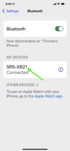 Picture of the iPhone Bluetooth Settings page, showing the Sony SRS XB21 speaker as Connected.