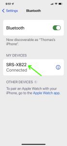 Screenshot of the iPhone Bluetooth Settings page, showing a Sony SRS XB22 speaker as Connected.