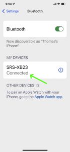 Screenshot of the iPhone Bluetooth Settings page, showing a Sony SRS XB23 speaker as Connected.