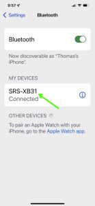 Screenshot of the iPhone Bluetooth Settings page, showing a Sony XB31 as Connected.