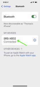 Screenshot of the iPhone Bluetooth Settings page, showing a Sony XB32 as Connected.