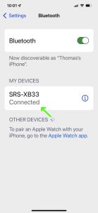 Picture of the iPhone Bluetooth Settings screen, showing a Sony SRS XB33 speaker as Connected.