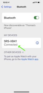 Screenshot of the iPhone Bluetooth Settings page, showing a Sony XB41 as Connected.