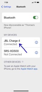 Screenshot of the JBL Charge 4 speaker showing as Connected on an iPhone.