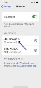 Screenshot of the JBL Charge 5 speaker showing as Connected on an iPhone.