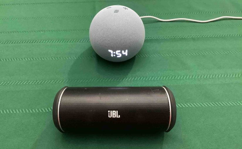 Picture of the JBL Flip 2 BT speaker in front of an Echo Dot 4 clock speaker.